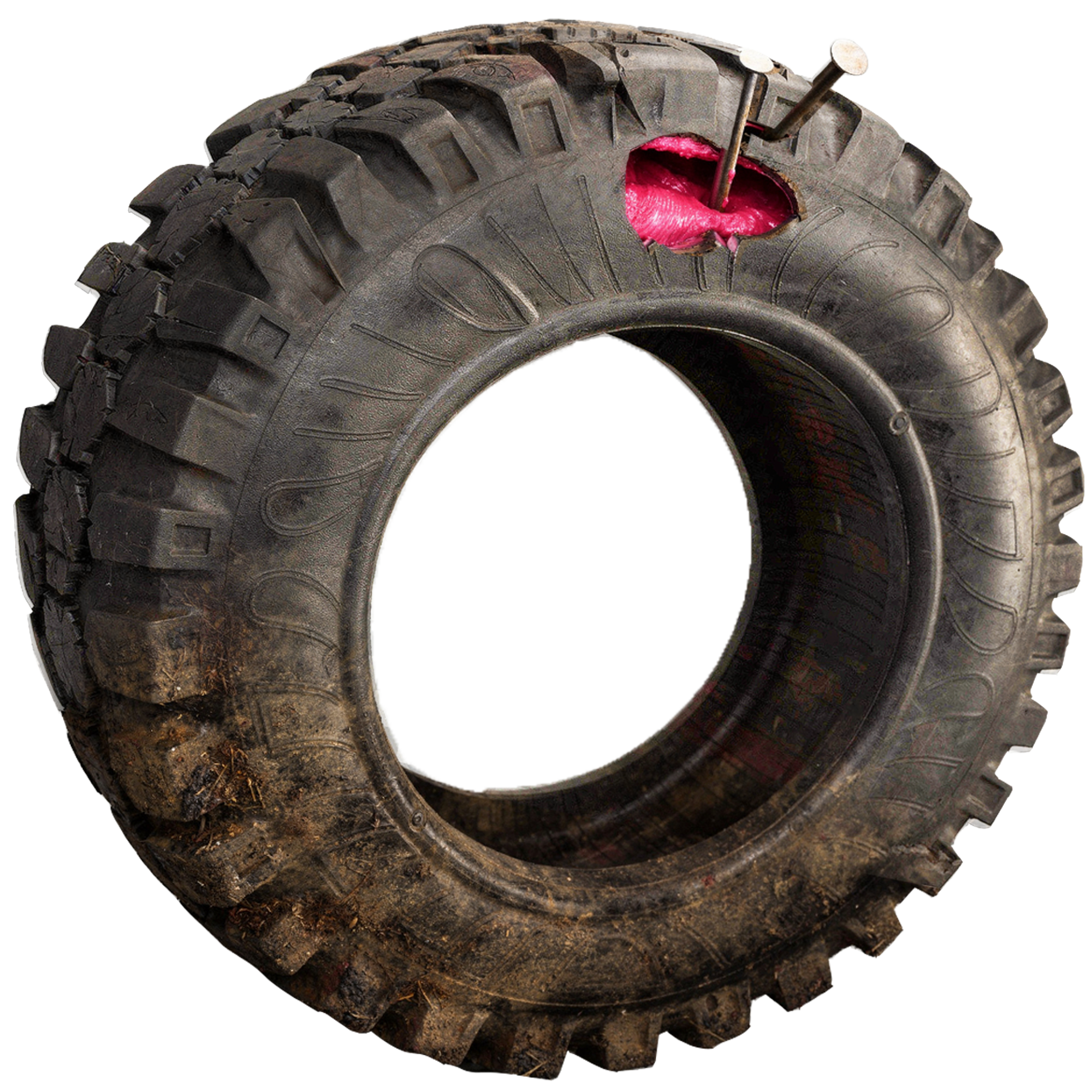 Llanta industrial con sellador rosado actuando